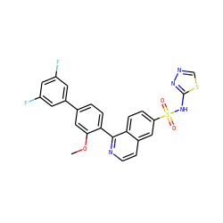 COc1cc(-c2cc(F)cc(F)c2)ccc1-c1nccc2cc(S(=O)(=O)Nc3nncs3)ccc12 ZINC000225103849