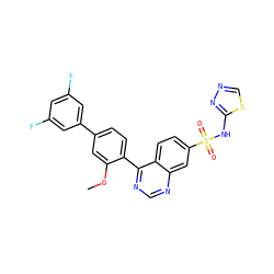 COc1cc(-c2cc(F)cc(F)c2)ccc1-c1ncnc2cc(S(=O)(=O)Nc3nncs3)ccc12 ZINC000225110557