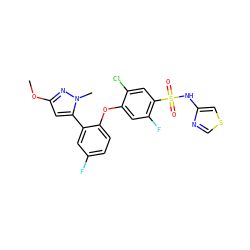 COc1cc(-c2cc(F)ccc2Oc2cc(F)c(S(=O)(=O)Nc3cscn3)cc2Cl)n(C)n1 ZINC000095585815
