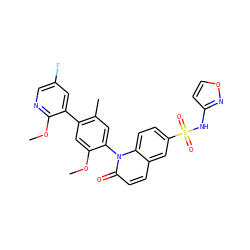 COc1cc(-c2cc(F)cnc2OC)c(C)cc1-n1c(=O)ccc2cc(S(=O)(=O)Nc3ccon3)ccc21 ZINC001772641213