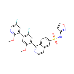 COc1cc(-c2cc(F)cnc2OC)c(F)cc1-c1nccc2cc(S(=O)(=O)Nc3ccon3)ccc12 ZINC001772624134