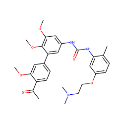 COc1cc(-c2cc(NC(=O)Nc3cc(OCCN(C)C)ccc3C)cc(OC)c2OC)ccc1C(C)=O ZINC000103228647