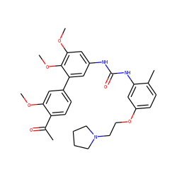 COc1cc(-c2cc(NC(=O)Nc3cc(OCCN4CCCC4)ccc3C)cc(OC)c2OC)ccc1C(C)=O ZINC000103228657