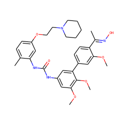 COc1cc(-c2cc(NC(=O)Nc3cc(OCCN4CCCCC4)ccc3C)cc(OC)c2OC)ccc1/C(C)=N/O ZINC000169324011