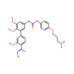 COc1cc(-c2cc(NC(=O)Nc3ccc(OCCCN(C)C)cc3)cc(OC)c2OC)ccc1/C(C)=N/O ZINC000169323995