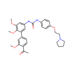 COc1cc(-c2cc(NC(=O)Nc3ccc(OCCN4CCCC4)cc3)cc(OC)c2OC)ccc1C(C)=O ZINC000103228613