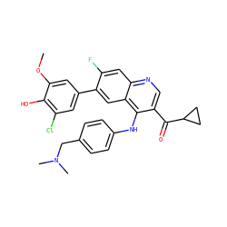 COc1cc(-c2cc3c(Nc4ccc(CN(C)C)cc4)c(C(=O)C4CC4)cnc3cc2F)cc(Cl)c1O ZINC000219360975