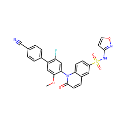 COc1cc(-c2ccc(C#N)cc2)c(F)cc1-n1c(=O)ccc2cc(S(=O)(=O)Nc3ccon3)ccc21 ZINC001772596269