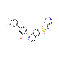 COc1cc(-c2ccc(C)c(Cl)c2)ccc1-c1nccc2cc(S(=O)(=O)Nc3ccncn3)ccc12 ZINC000225122794