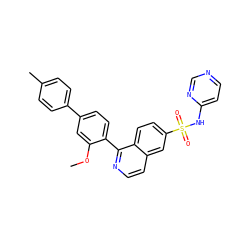 COc1cc(-c2ccc(C)cc2)ccc1-c1nccc2cc(S(=O)(=O)Nc3ccncn3)ccc12 ZINC000225125935