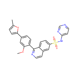 COc1cc(-c2ccc(C)o2)ccc1-c1nccc2cc(S(=O)(=O)Nc3ccncn3)ccc12 ZINC000215518911