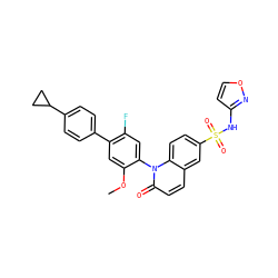 COc1cc(-c2ccc(C3CC3)cc2)c(F)cc1-n1c(=O)ccc2cc(S(=O)(=O)Nc3ccon3)ccc21 ZINC001772607233