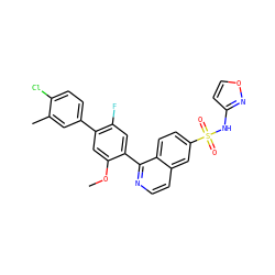 COc1cc(-c2ccc(Cl)c(C)c2)c(F)cc1-c1nccc2cc(S(=O)(=O)Nc3ccon3)ccc12 ZINC001772628555