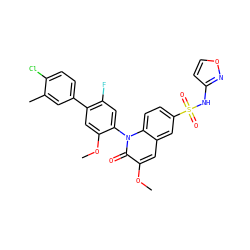 COc1cc(-c2ccc(Cl)c(C)c2)c(F)cc1-n1c(=O)c(OC)cc2cc(S(=O)(=O)Nc3ccon3)ccc21 ZINC001772603351