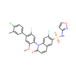 COc1cc(-c2ccc(Cl)c(C)c2)c(F)cc1-n1c(=O)ccc2cc(S(=O)(=O)Nc3ccon3)c(F)cc21 ZINC001772608138