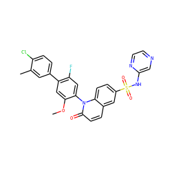 COc1cc(-c2ccc(Cl)c(C)c2)c(F)cc1-n1c(=O)ccc2cc(S(=O)(=O)Nc3cnccn3)ccc21 ZINC000221912341