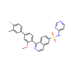 COc1cc(-c2ccc(Cl)c(C)c2)ccc1-c1nccc2cc(S(=O)(=O)Nc3ccncn3)ccc12 ZINC000225122122