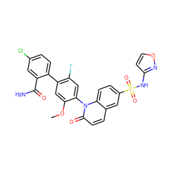COc1cc(-c2ccc(Cl)cc2C(N)=O)c(F)cc1-n1c(=O)ccc2cc(S(=O)(=O)Nc3ccon3)ccc21 ZINC001772577254