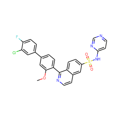 COc1cc(-c2ccc(F)c(Cl)c2)ccc1-c1nccc2cc(S(=O)(=O)Nc3ccncn3)ccc12 ZINC000225091578