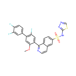 COc1cc(-c2ccc(F)c(F)c2)c(F)cc1-c1nccc2cc(S(=O)(=O)Nc3nncs3)ccc12 ZINC000225129162