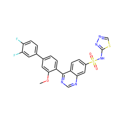 COc1cc(-c2ccc(F)c(F)c2)ccc1-c1ncnc2cc(S(=O)(=O)Nc3nncs3)ccc12 ZINC000225117709