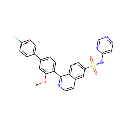 COc1cc(-c2ccc(F)cc2)ccc1-c1nccc2cc(S(=O)(=O)Nc3ccncn3)ccc12 ZINC000215512993