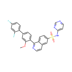 COc1cc(-c2ccc(F)cc2F)ccc1-c1nccc2cc(S(=O)(=O)Nc3ccncn3)ccc12 ZINC000225115308