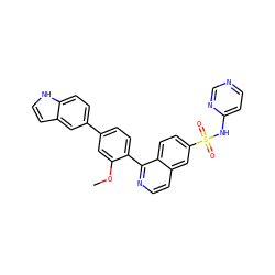 COc1cc(-c2ccc3[nH]ccc3c2)ccc1-c1nccc2cc(S(=O)(=O)Nc3ccncn3)ccc12 ZINC000225121319
