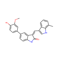 COc1cc(-c2ccc3c(c2)/C(=C/c2c[nH]c4c(C)cccc24)C(=O)N3)ccc1O ZINC000014956237