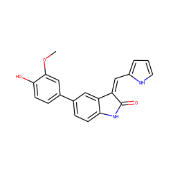 COc1cc(-c2ccc3c(c2)/C(=C/c2ccc[nH]2)C(=O)N3)ccc1O ZINC000014956229
