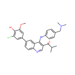 COc1cc(-c2ccc3ncc(C(=O)C(C)C)c(Nc4ccc(CN(C)C)cc4)c3c2)cc(Cl)c1O ZINC000219347058