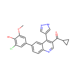 COc1cc(-c2ccc3ncc(C(=O)C4CC4)c(-c4cn[nH]c4)c3c2)cc(Cl)c1O ZINC000203988262