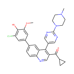 COc1cc(-c2ccc3ncc(C(=O)C4CC4)c(-c4cnc(N5CCN(C)CC5)nc4)c3c2)cc(Cl)c1O ZINC000203983007