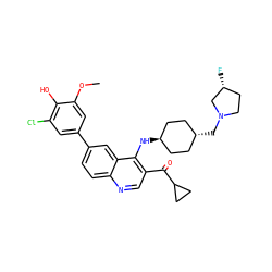 COc1cc(-c2ccc3ncc(C(=O)C4CC4)c(N[C@H]4CC[C@H](CN5CC[C@@H](F)C5)CC4)c3c2)cc(Cl)c1O ZINC000473152122