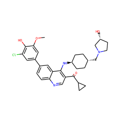 COc1cc(-c2ccc3ncc(C(=O)C4CC4)c(N[C@H]4CC[C@H](CN5CC[C@@H](O)C5)CC4)c3c2)cc(Cl)c1O ZINC000473159092