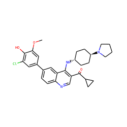 COc1cc(-c2ccc3ncc(C(=O)C4CC4)c(N[C@H]4CC[C@H](N5CCCC5)CC4)c3c2)cc(Cl)c1O ZINC000473200915