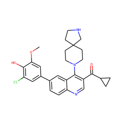COc1cc(-c2ccc3ncc(C(=O)C4CC4)c(N4CCC5(CCNC5)CC4)c3c2)cc(Cl)c1O ZINC000114035172