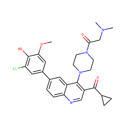 COc1cc(-c2ccc3ncc(C(=O)C4CC4)c(N4CCN(C(=O)CN(C)C)CC4)c3c2)cc(Cl)c1O ZINC000217400022