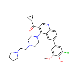 COc1cc(-c2ccc3ncc(C(=O)C4CC4)c(N4CCN(CCN5CCCC5)CC4)c3c2)cc(Cl)c1O ZINC000203803547