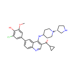 COc1cc(-c2ccc3ncc(C(=O)C4CC4)c(NC4CCN([C@@H]5CCNC5)CC4)c3c2)cc(Cl)c1O ZINC000203987094