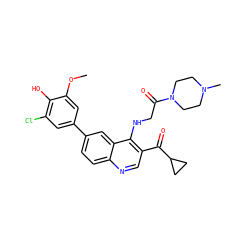 COc1cc(-c2ccc3ncc(C(=O)C4CC4)c(NCC(=O)N4CCN(C)CC4)c3c2)cc(Cl)c1O ZINC000203803606