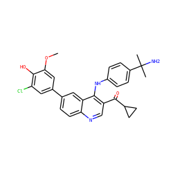 COc1cc(-c2ccc3ncc(C(=O)C4CC4)c(Nc4ccc(C(C)(C)N)cc4)c3c2)cc(Cl)c1O ZINC000203988502