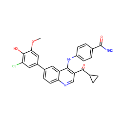 COc1cc(-c2ccc3ncc(C(=O)C4CC4)c(Nc4ccc(C(N)=O)cc4)c3c2)cc(Cl)c1O ZINC000114032438