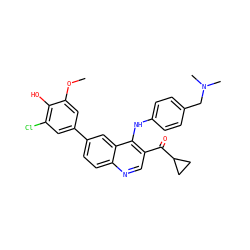 COc1cc(-c2ccc3ncc(C(=O)C4CC4)c(Nc4ccc(CN(C)C)cc4)c3c2)cc(Cl)c1O ZINC000219350107