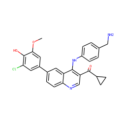 COc1cc(-c2ccc3ncc(C(=O)C4CC4)c(Nc4ccc(CN)cc4)c3c2)cc(Cl)c1O ZINC000114035974