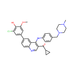 COc1cc(-c2ccc3ncc(C(=O)C4CC4)c(Nc4ccc(CN5CCN(C)CC5)cc4)c3c2)cc(Cl)c1O ZINC000219352865