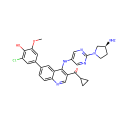 COc1cc(-c2ccc3ncc(C(=O)C4CC4)c(Nc4cnc(N5CC[C@H](N)C5)nc4)c3c2)cc(Cl)c1O ZINC000203986837