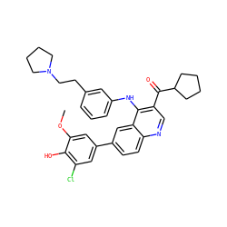 COc1cc(-c2ccc3ncc(C(=O)C4CCCC4)c(Nc4cccc(CCN5CCCC5)c4)c3c2)cc(Cl)c1O ZINC000203982244