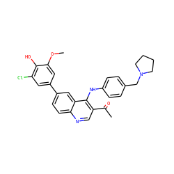 COc1cc(-c2ccc3ncc(C(C)=O)c(Nc4ccc(CN5CCCC5)cc4)c3c2)cc(Cl)c1O ZINC000219370082