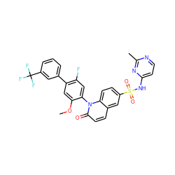 COc1cc(-c2cccc(C(F)(F)F)c2)c(F)cc1-n1c(=O)ccc2cc(S(=O)(=O)Nc3ccnc(C)n3)ccc21 ZINC001772623320